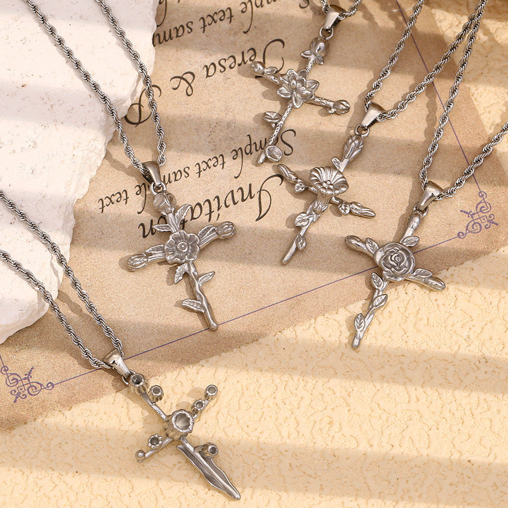 Women's 18k Gold Waterproof Designer Birth Month Flower Cross Tarnish Free Necklace