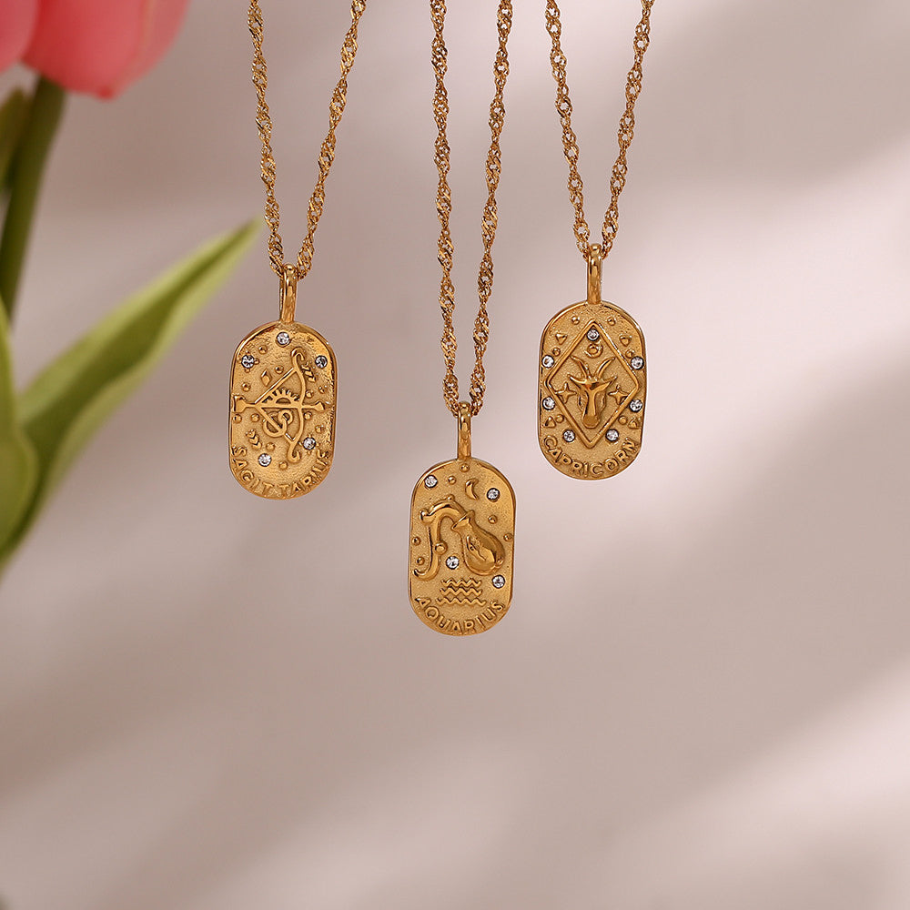 Ladies 18k Gold Waterproof Stainless Steel CZ Zodiac Sign Bling Pendant