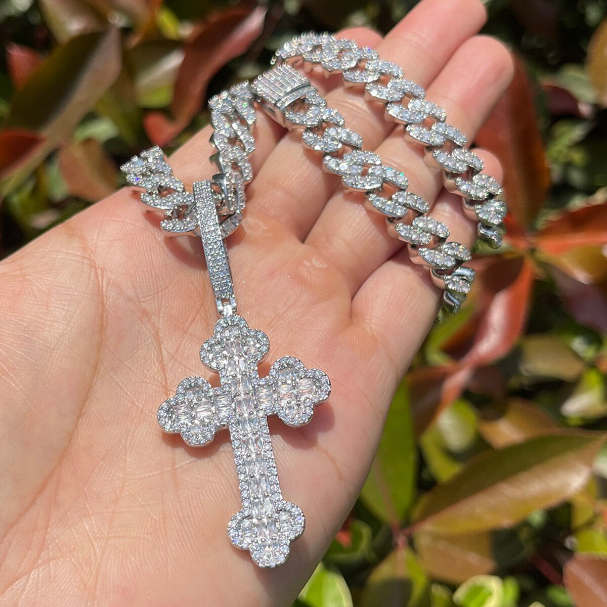 Mens Baguette Iced Blinged Out Clover Cut Hip Hop Cross Pendant Chain Necklace