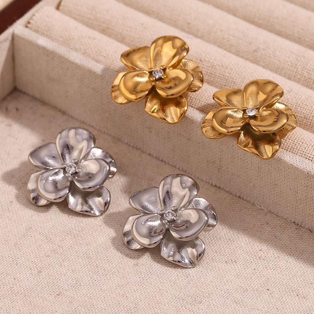 Stainless Steel Retro Flower Double Layer 18k Gold Silver Waterproof Earrings