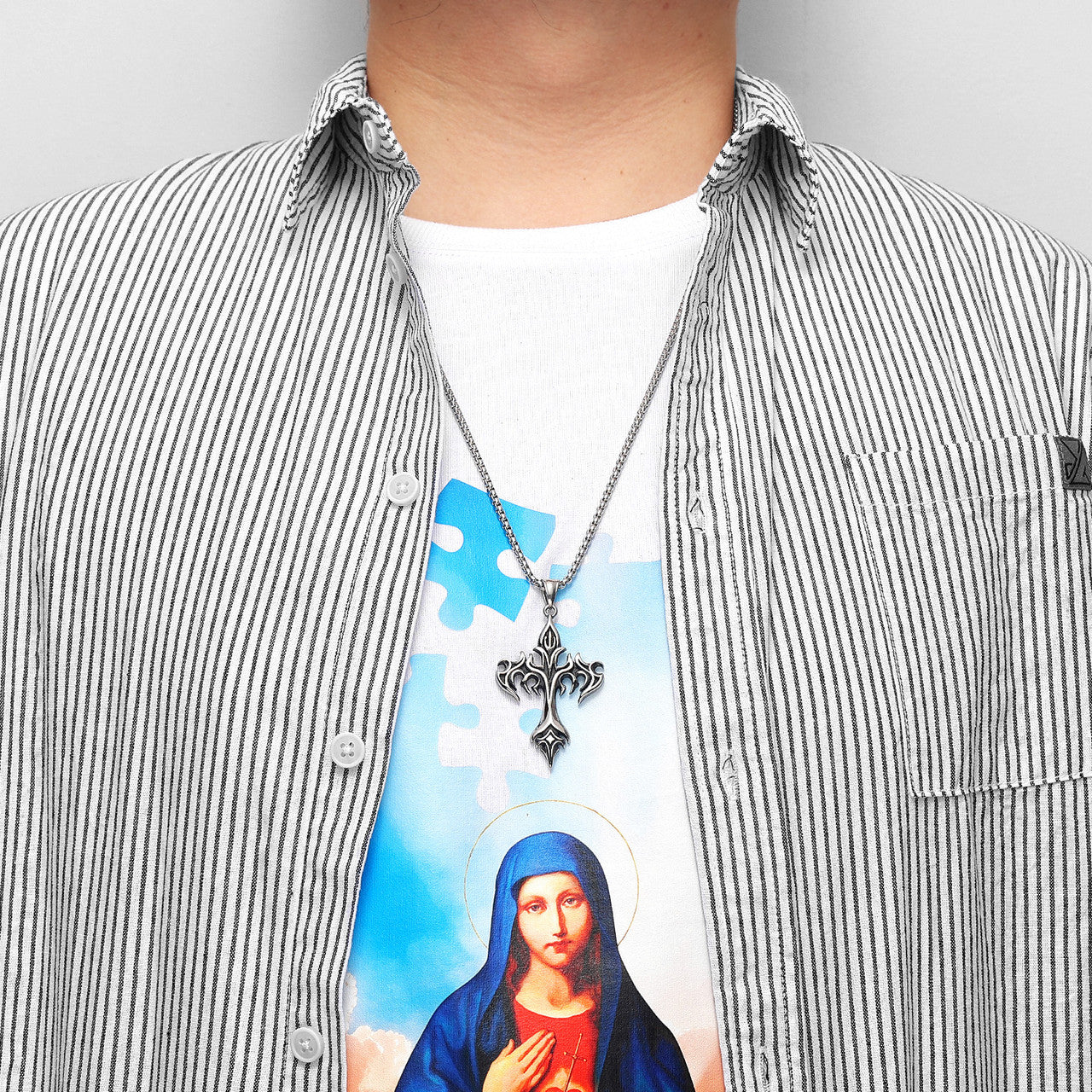 Mens Street Wear Fire Vulcan Cross No Fade Stainless Steel Pendant Chain Necklace