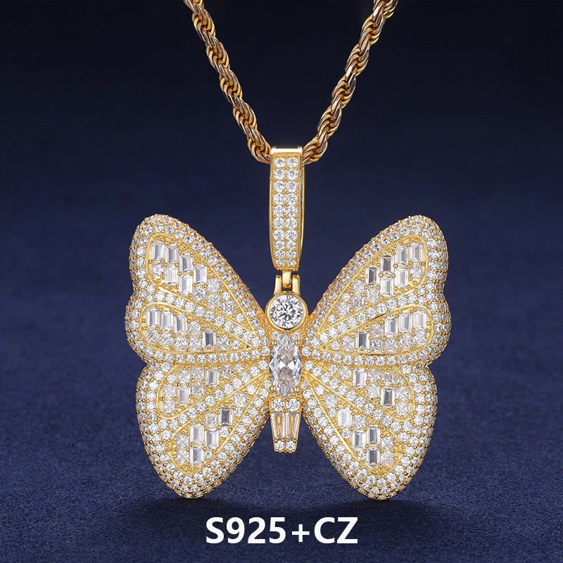 Iced Blinged Out Moissanite Diamond Sterling Silver Butterfly Hip Hop Pendant Necklaces