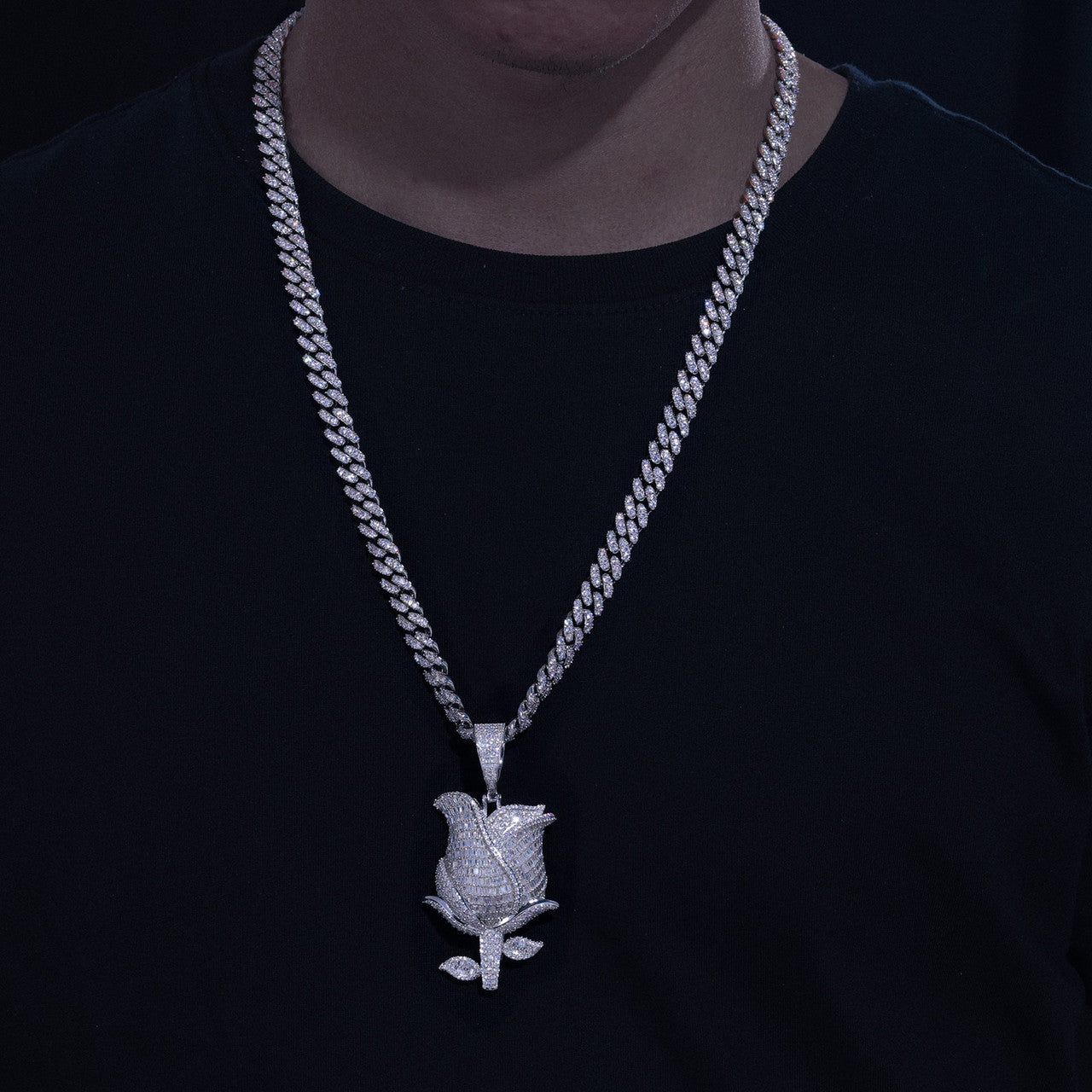 Iced Blossom | Moissanite Diamond Solid Sterling Silver Baguette & Round Stone Rose Pendant