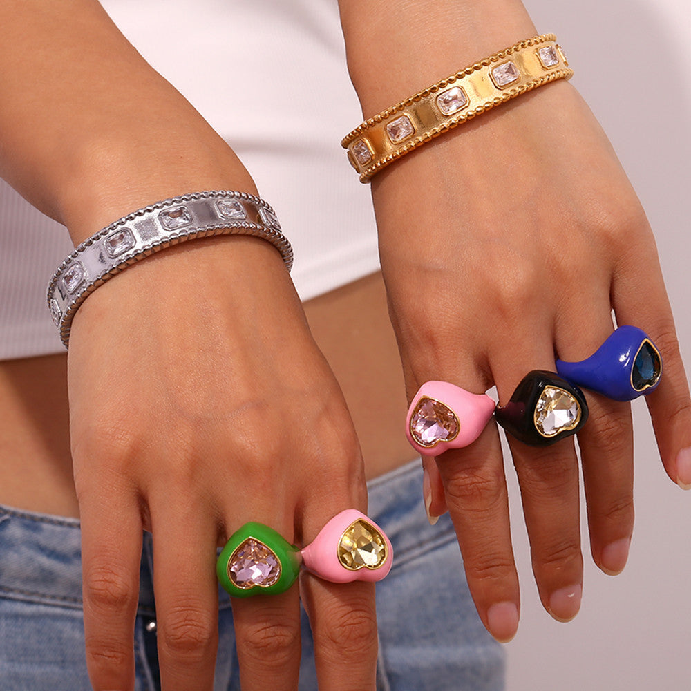 Colorful Gemstone Heart Enamel 18k Gold over Stainless Steel Earrings Rings Jewelry Set