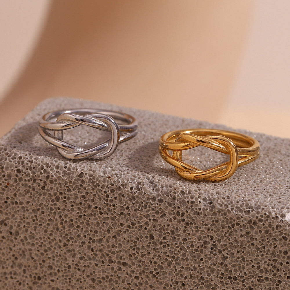 Ladie's 18k Gold Silver Waterproof Simple Knot Double Layered Couple Rings