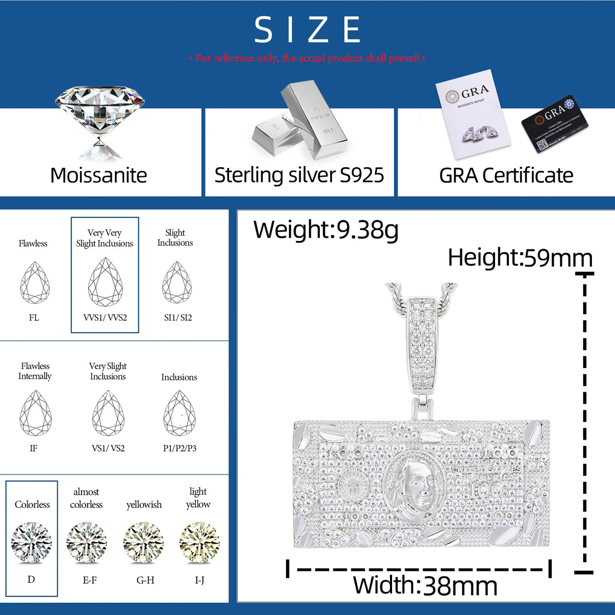 Dough Boy II | Big Dollars Moissanite Diamond VVS 100 Dollar Bill Hip Hop Pendant