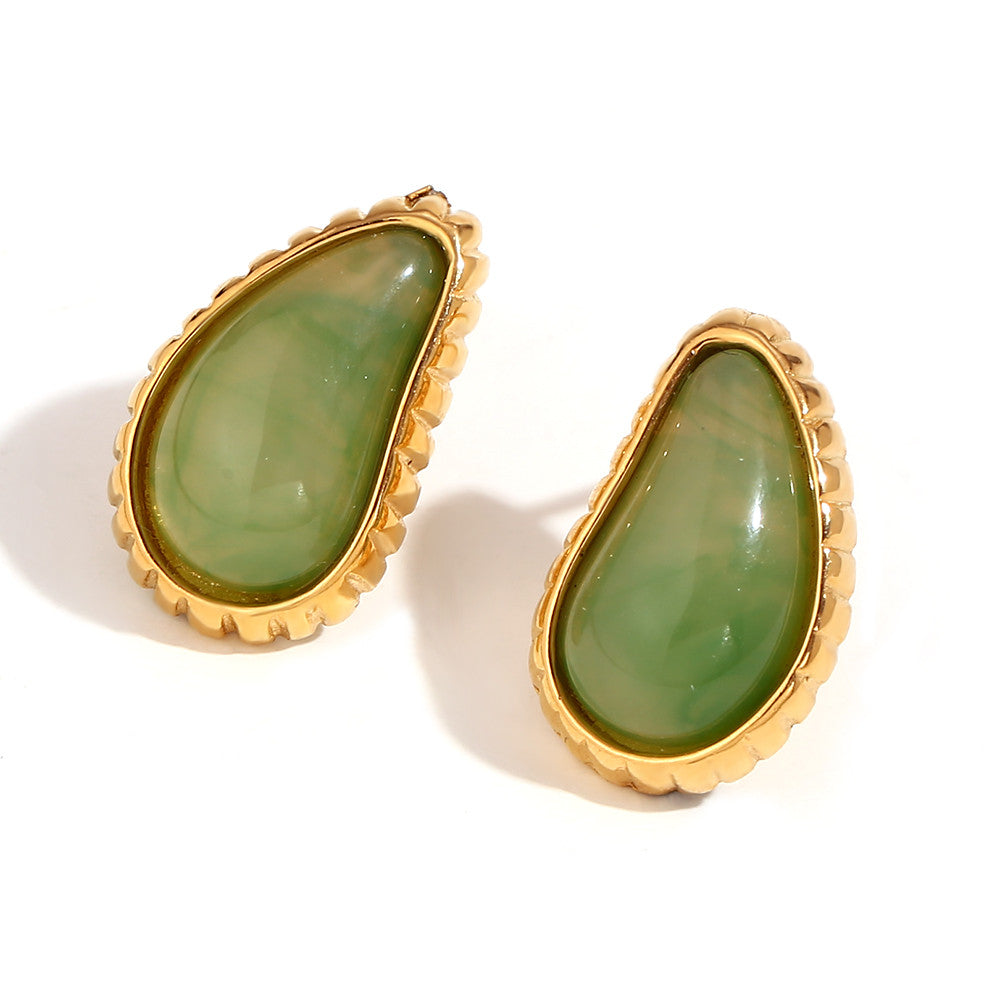 18k Gold Over Solid Stainless Steel Hammered Pattern Hollow Oval Zircon Heart Earrings