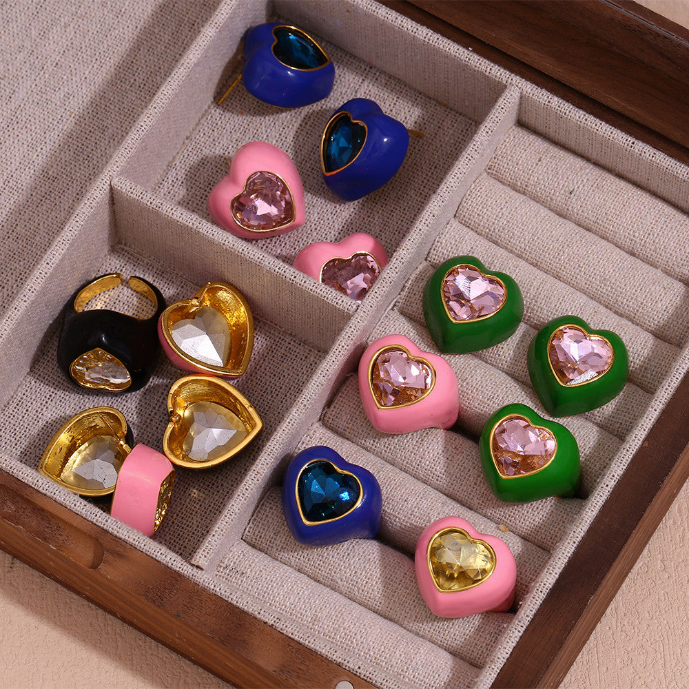 Colorful Gemstone Heart Enamel 18k Gold over Stainless Steel Earrings Rings Jewelry Set