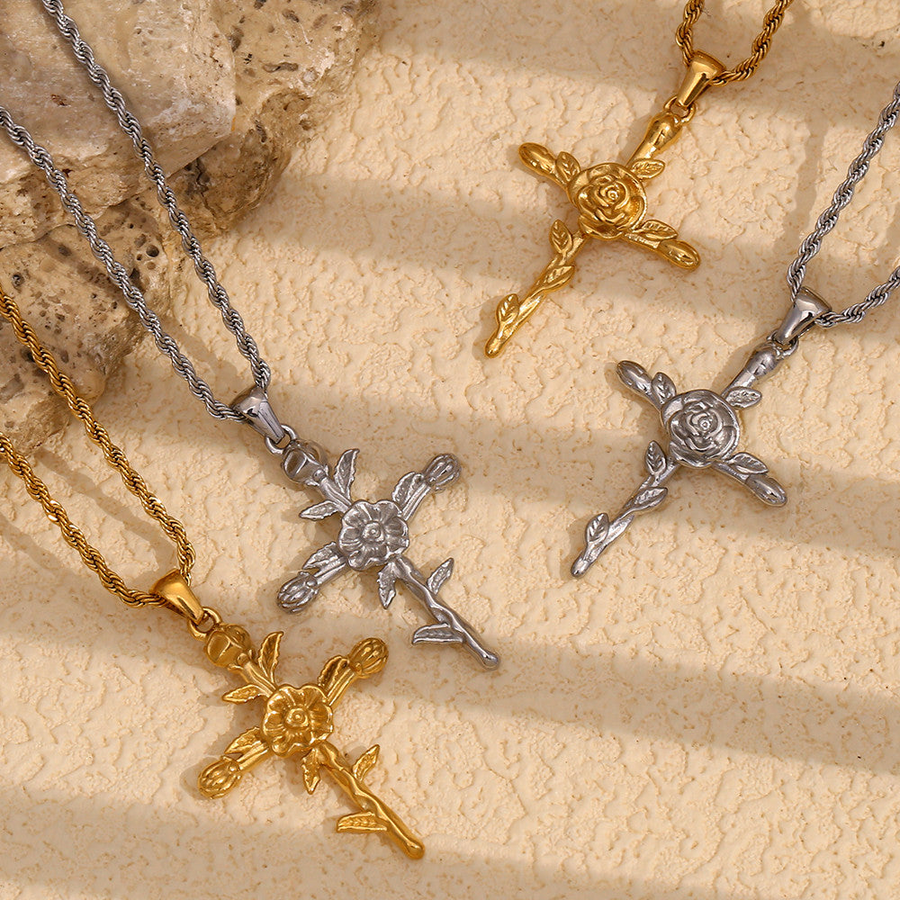 Women's 18k Gold Waterproof Designer Birth Month Flower Cross Tarnish Free Necklace