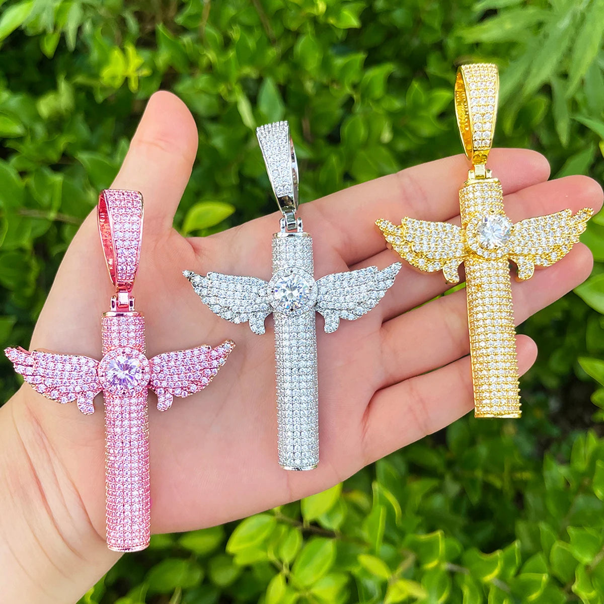 Angelic Cross | Iced Blinged Out 5A+ VVS Diamond Angel Wings Cross Center Stone Pendant