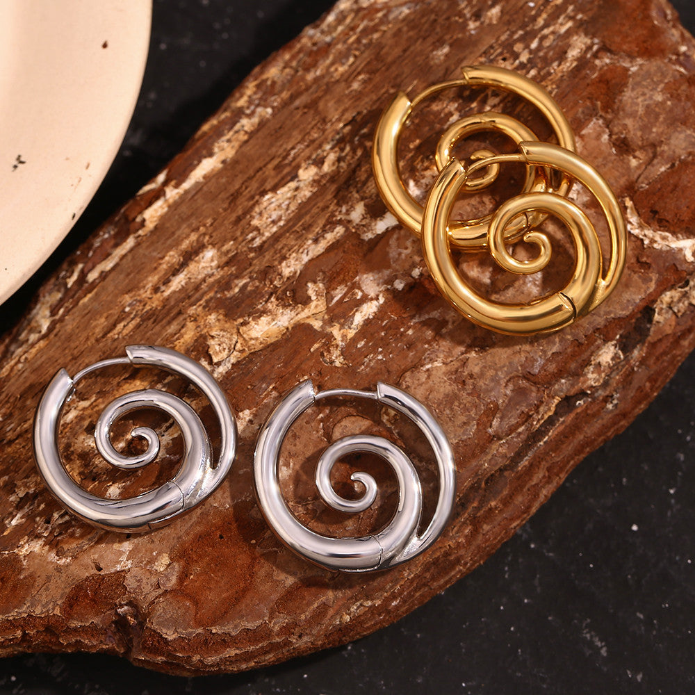 Ladies Spiral 18k Gold Stainless Steel Waterproof Tarnish Free Silver Color Earrings