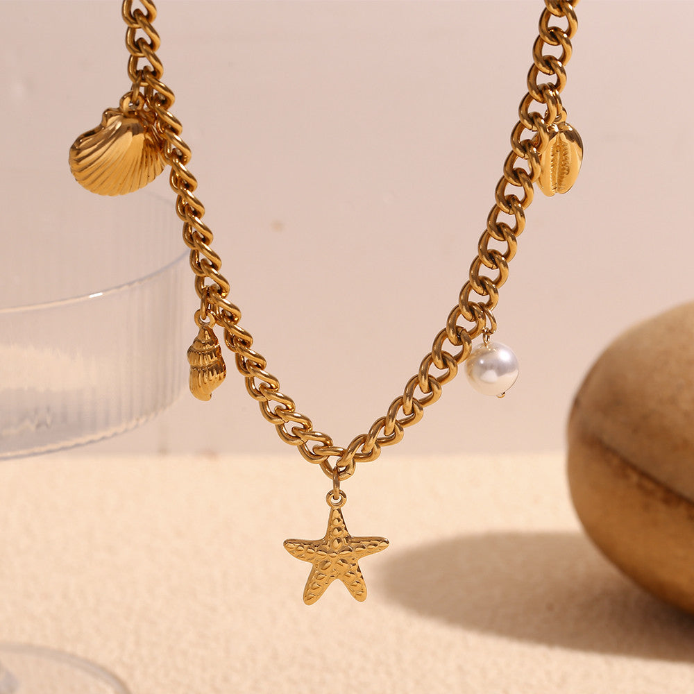 18k Gold Tarnish Free Stainless Steel Ocean Style Starfish Shells Pendant Necklace