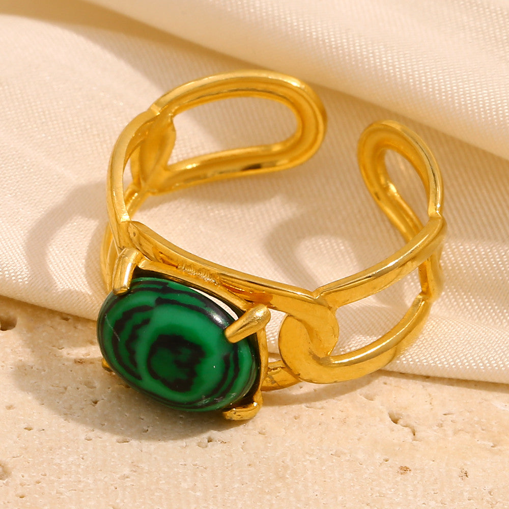 18k Gold Water Proof Fashion Natural Malachite Stone Stainless Steel Hypoallergenic Rings