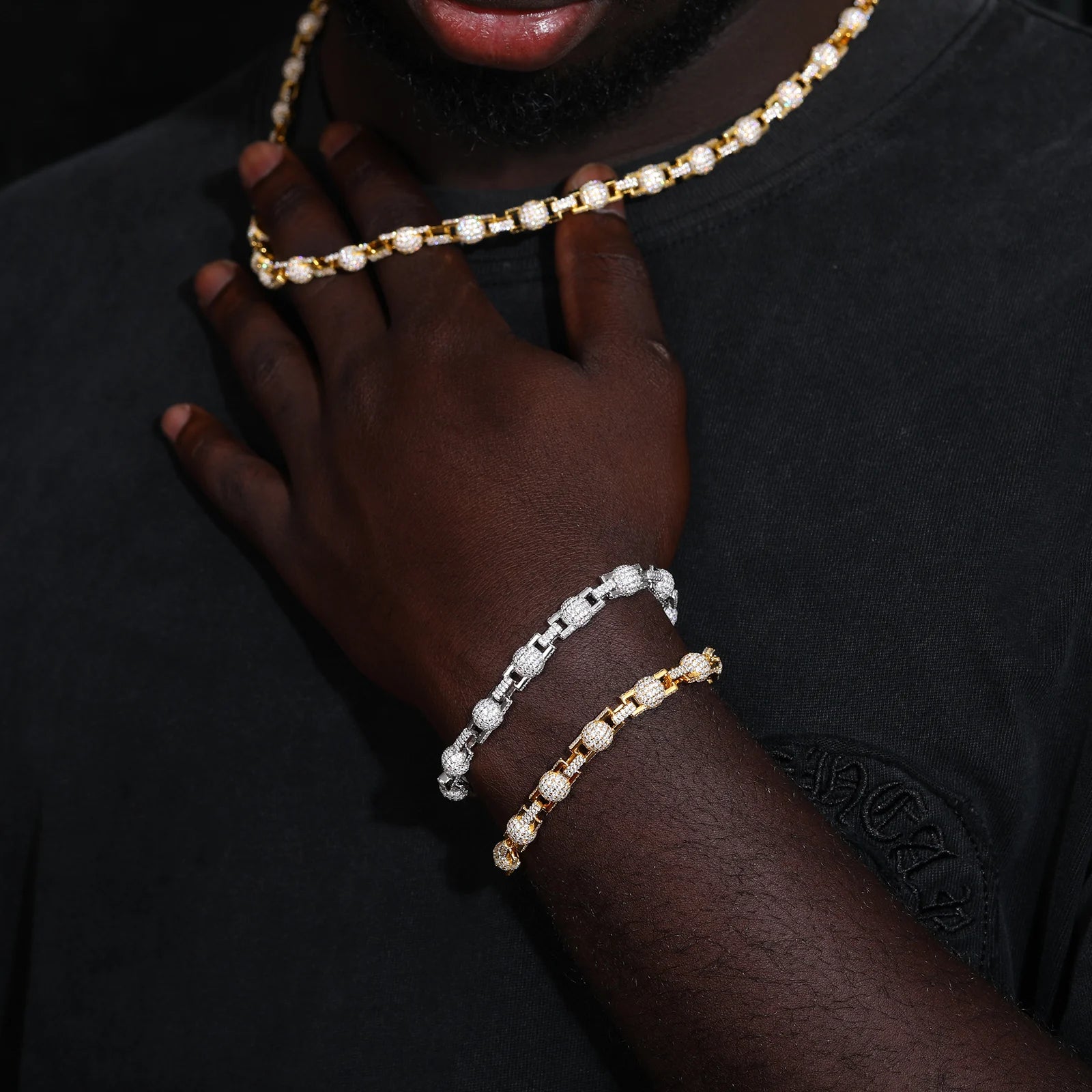Ball N Chain | Solid 925 Silver Moissanite Iced Blinged Out Ball Link Hip Hop Chain Bracelet Set