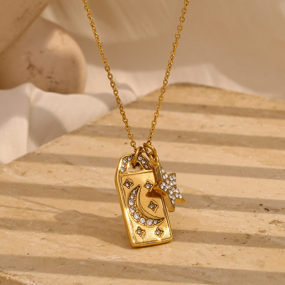 18K Gold Waterproof Stainless Steel Square CZ Moon Star Bling Tarnish Free Pendant