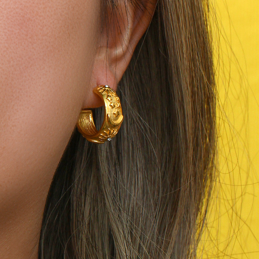 The Universe | Moon Sun Star 18k Gold Over Stainless Steel Chunky Hoop Earrings