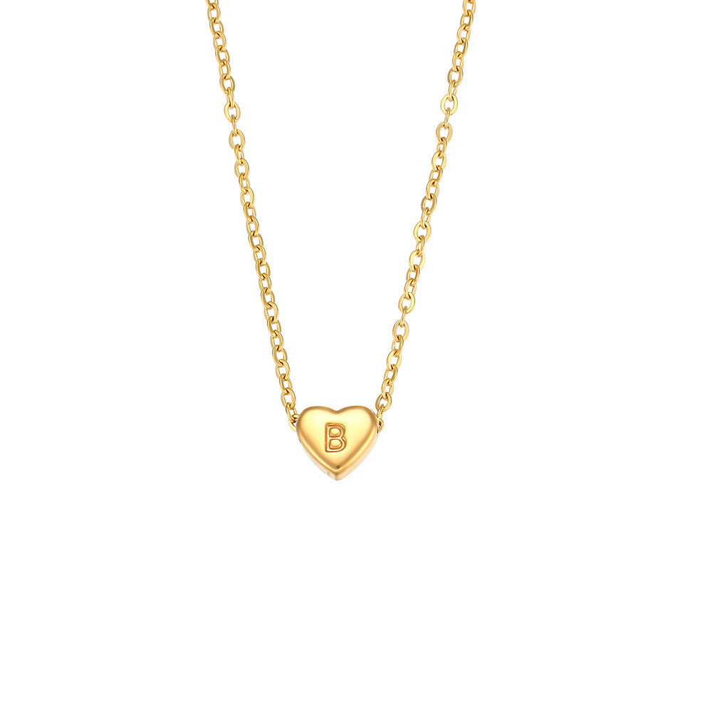 18k Gold Big Love Small Heart Initial Letter Solid Stainless Steel Chain Necklace