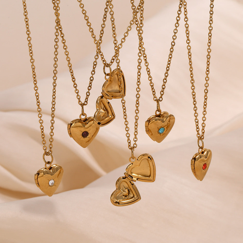 Women's Birth Stone Heart Shape Photo Box Pendant 18k Gold Waterproof Necklace