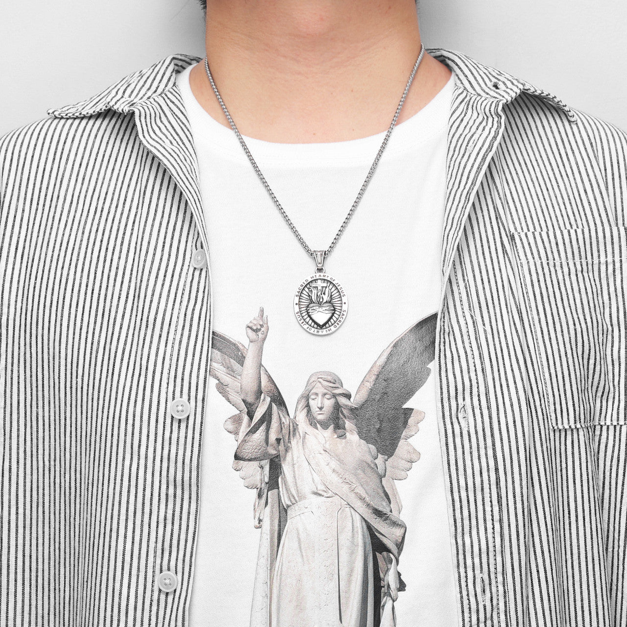 Sacred Heart of Jesus |  Stainless Steel Fire Heart Spiritual Street Wear Cross Pendant