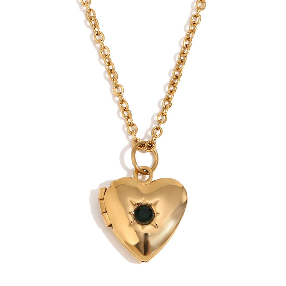 Women's Birth Stone Heart Shape Photo Box Pendant 18k Gold Waterproof Necklace
