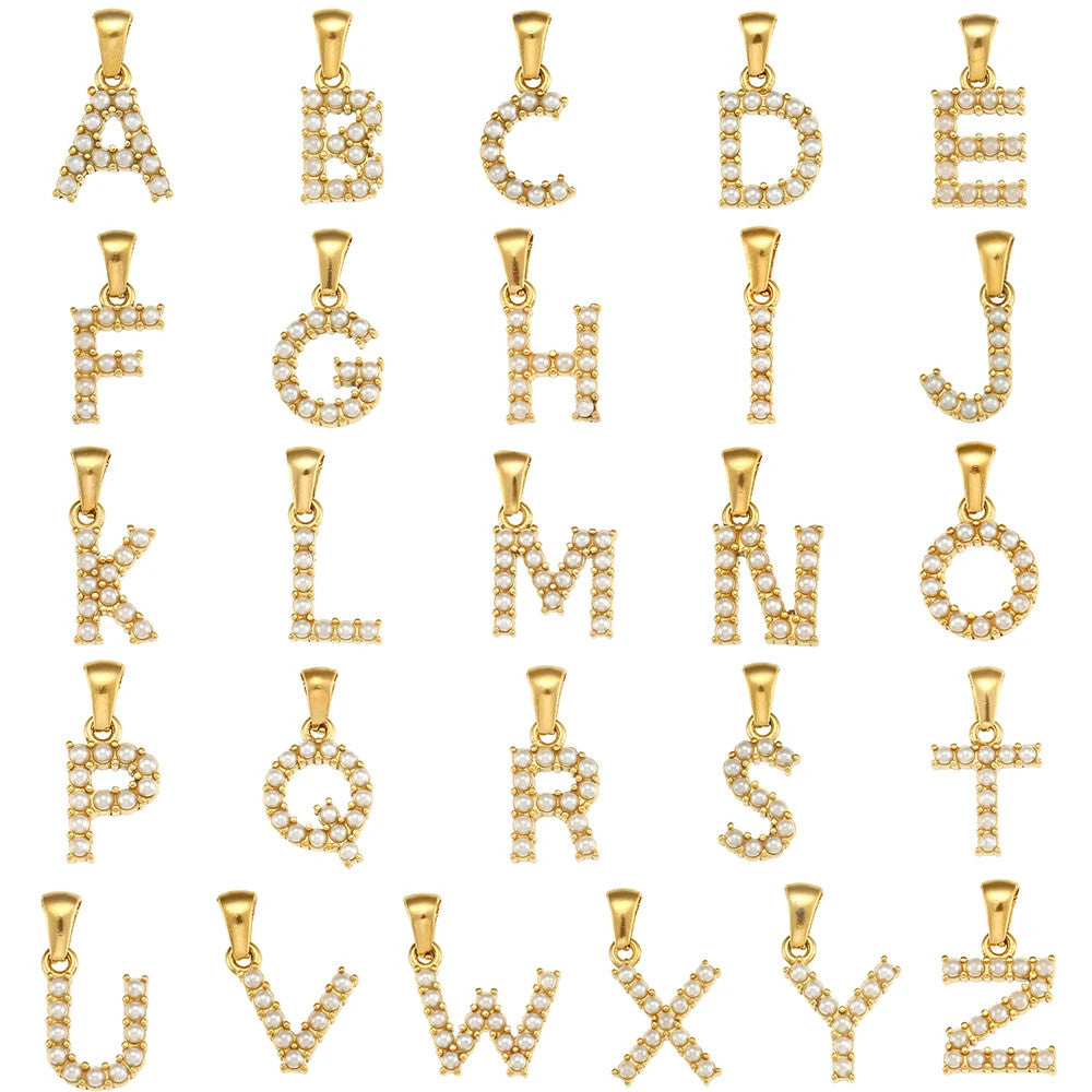 Ladies 18k Gold Stainless Steel Waterproof 26 Pearl Letter Initial Charm Necklace