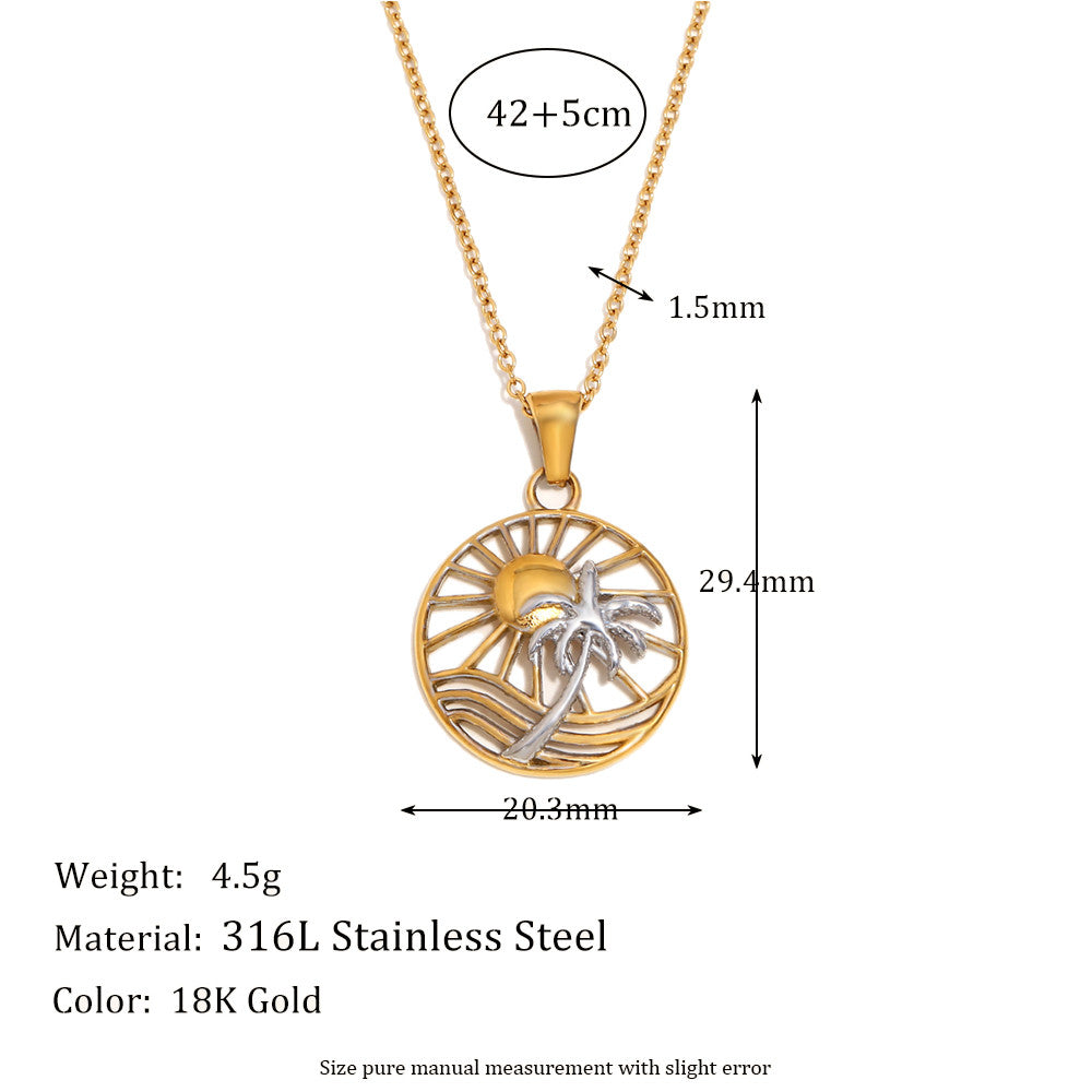 Ladies 18k Gold Waterproof Solid Stainless Steel Sun Coconut Palm Tree Pendant Necklace
