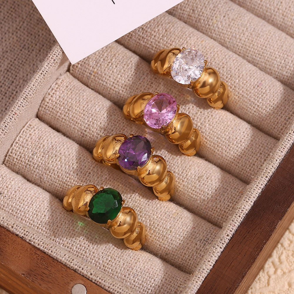 Ladies 18k Gold 316L No Fade Stainless Steel CZ Stone Round Bubble Rings