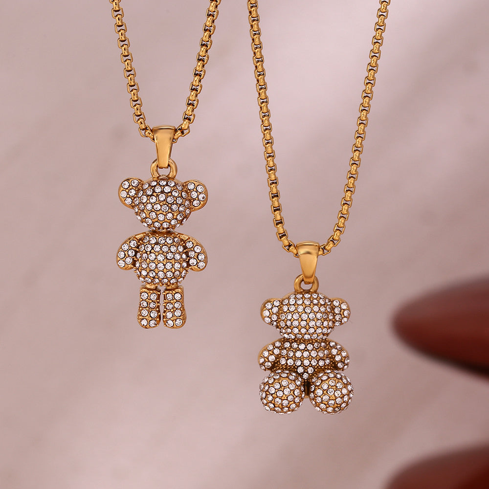 Ladies 18k Gold Waterproof No Fade Stainless Steel Sitting Standing Bear Pendant Necklace