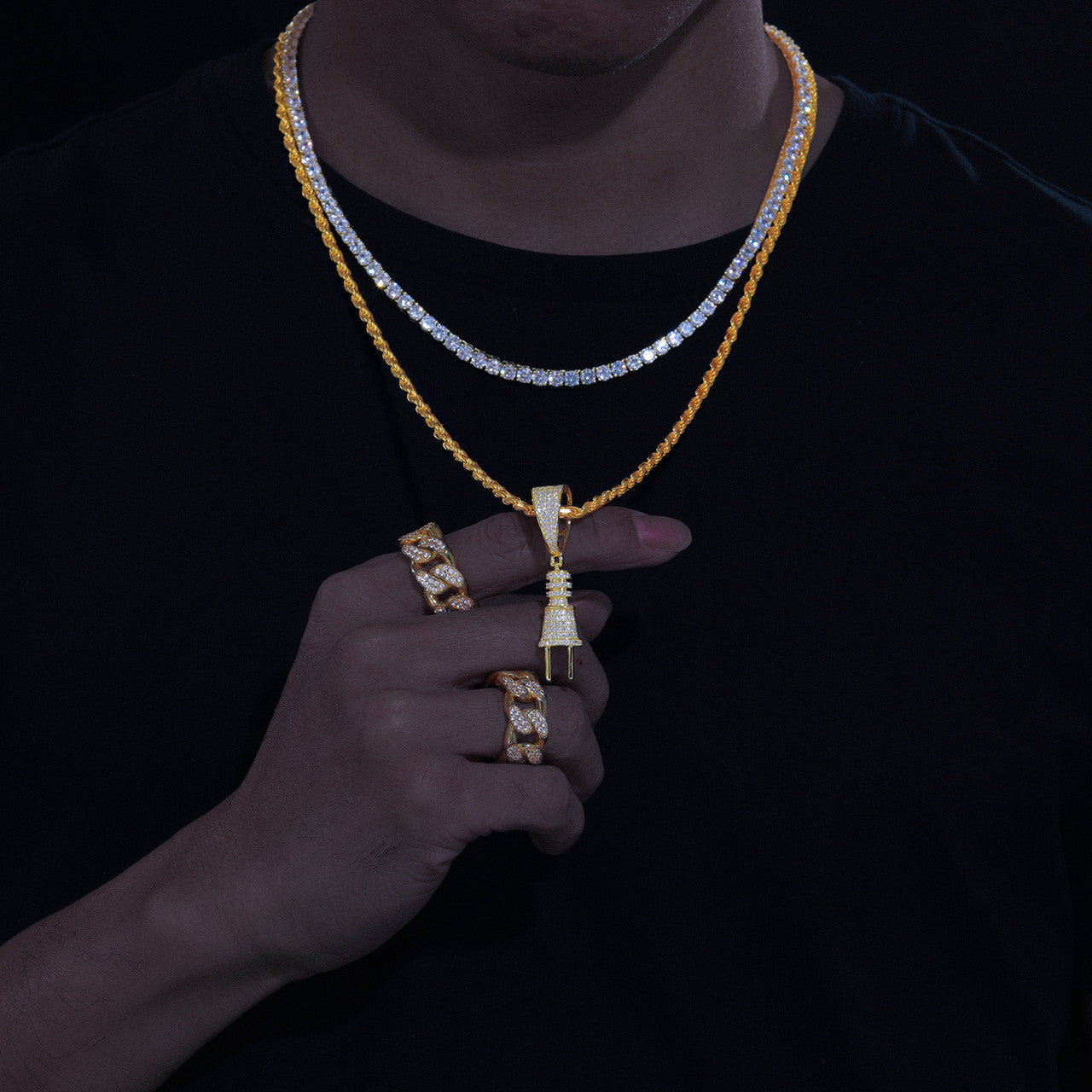 Mens Sterling Silver VVS Diamond Power Plug Hip Hop Pendant Chain Necklace