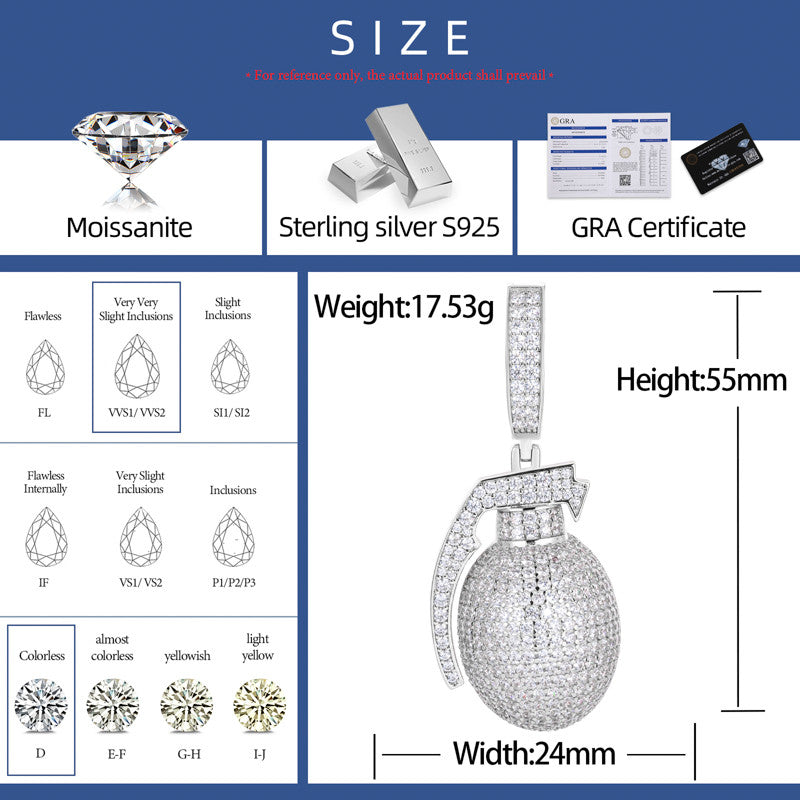 Just Bombs | Moissanite Diamond Sterling Silver D Color Grenade Hip Hop Pendants
