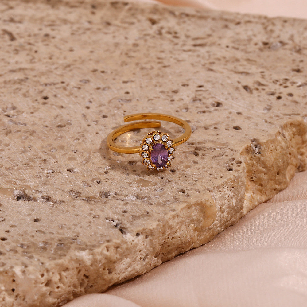 Waterproof 18k Gold Stainless Steel Oval Floral Shape Cubic Zirconia Stone Rings