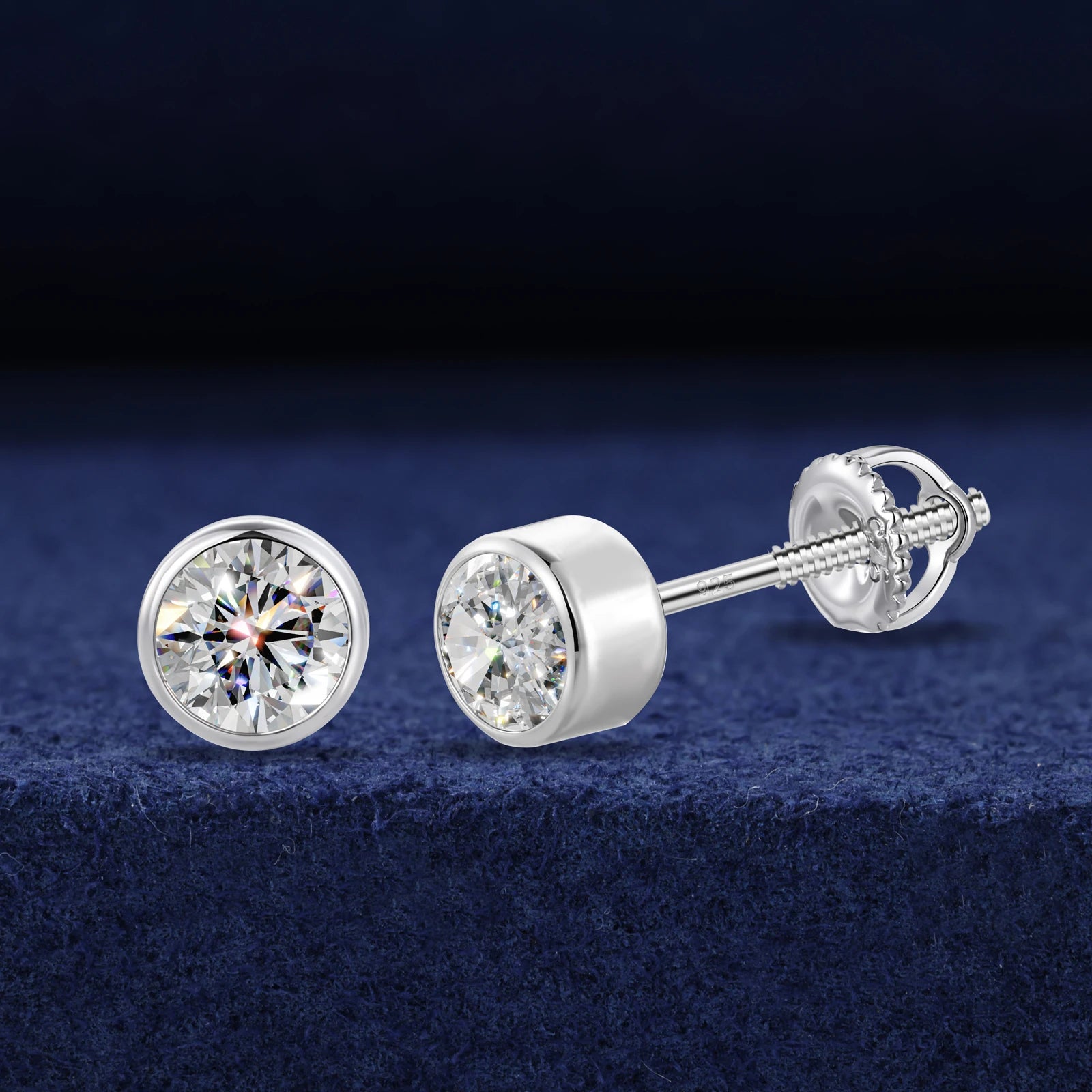 The Bezel | Round Moissanite Diamond Stud Bezel Set Solid 925 Screw Back Earrings