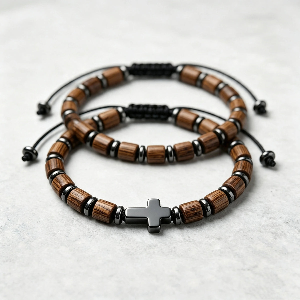 Divine Blessings | Handmade 2 Piece Natural Wooden Gallstone Meditation Cross Bracelet
