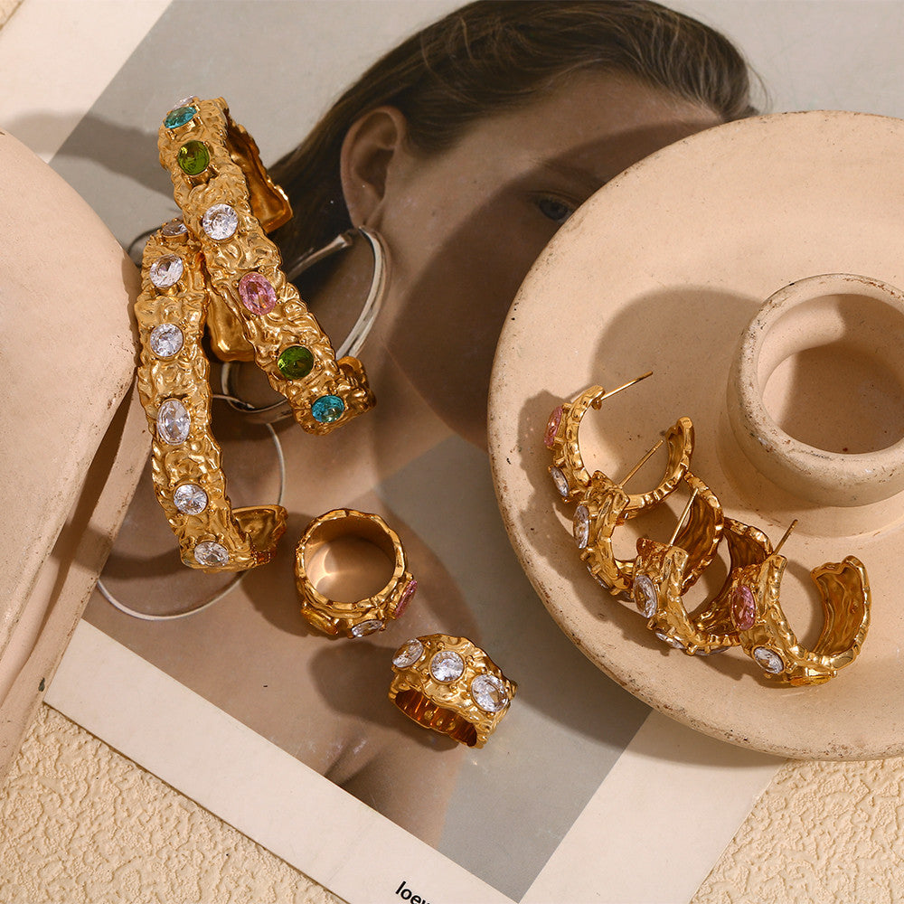 18k Gold Waterproof Irregular Colorful CZ Stainless Steel Bracelet Earring Ring Jewelry Set