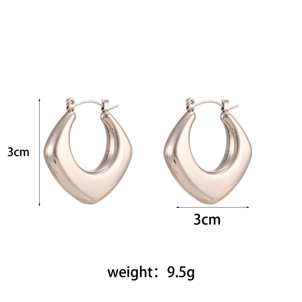 Ladies Silver No Fade Waterproof Stainless Steel Hollow Geometric Round Trapezoid Hoop Earrings