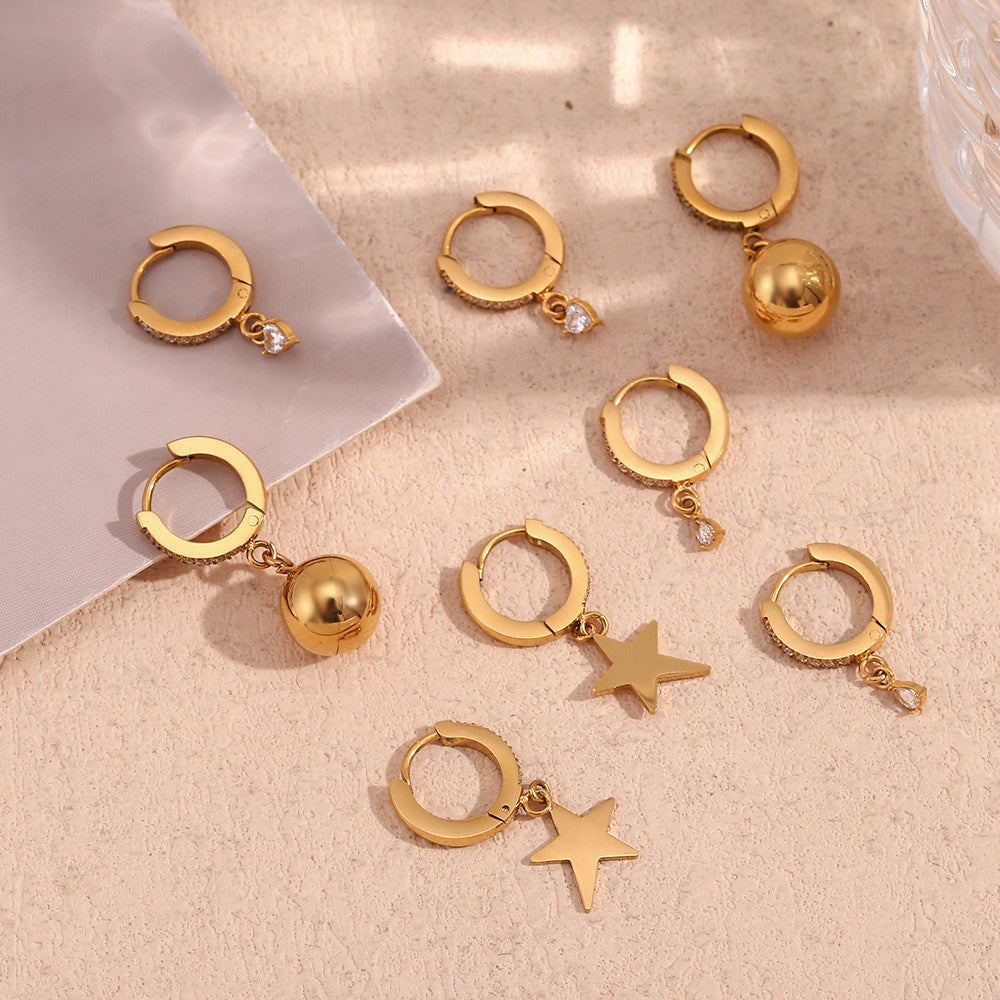 Women's Stainless Steel 18k Gold Water Proof Five pointed Star Tear Drop Heart Earrings