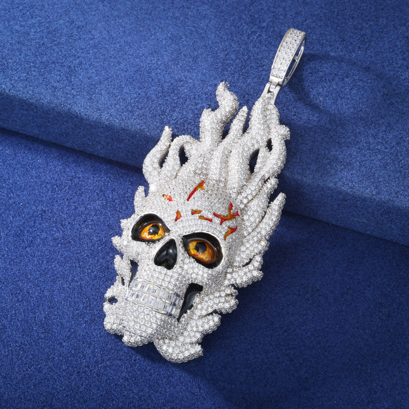 Fire Skull | Solid Sterling Silver VVS Diamond Moissante Hip Hop Pendant