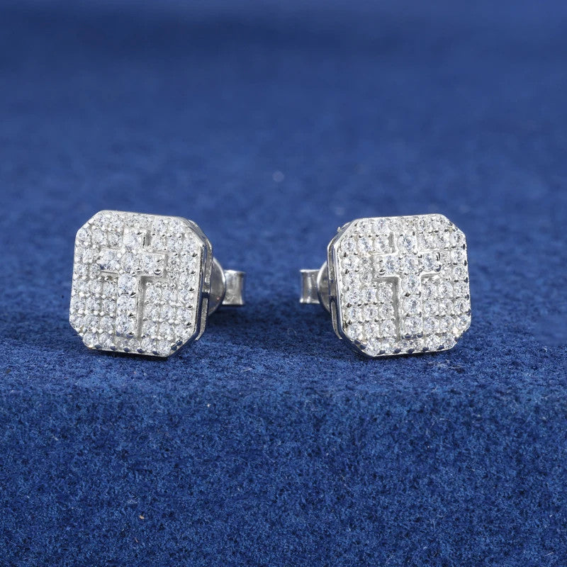 Spiritual Ice | Solid 925 Silver Square Cut Cross D Color Moissanite Stud Hip Hop Earrings