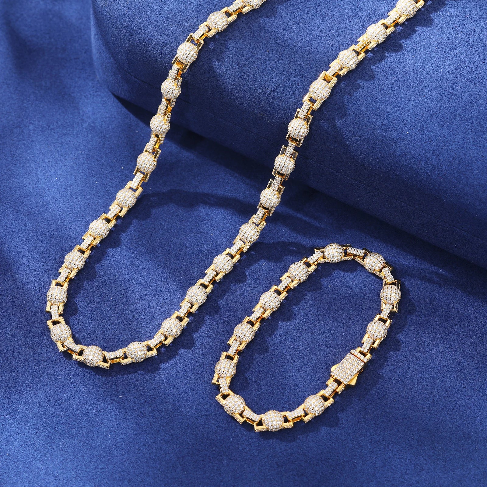 Ball N Chain | Solid 925 Silver Moissanite Iced Blinged Out Ball Link Hip Hop Chain Bracelet Set
