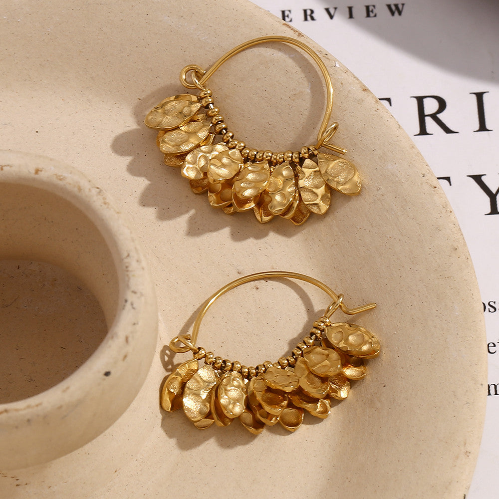 Stainless Steel 18k Gold Elegant Hammered Leaf Pattern Designer Style Earrings