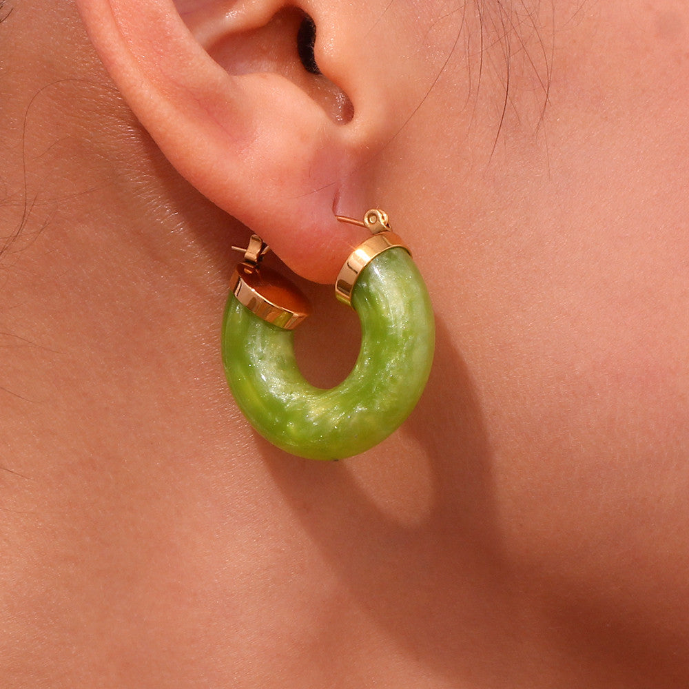 Ladies Acrylic Green Pink White Chunky 18k Gold Stainless Steel Acrylic Hoop Earrings