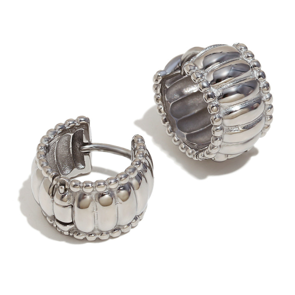 Ladies Beads Edge 18k Gold Stainless Steel Thread Pattern Round Hoop Earrings