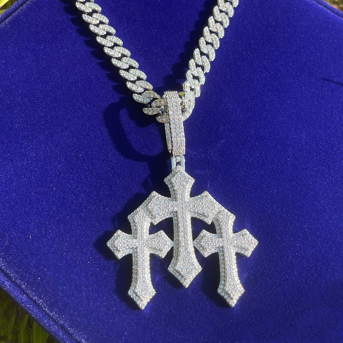 Flooded Ice Trinity Calvary Cross Hip Hop Pendant Chain Necklace