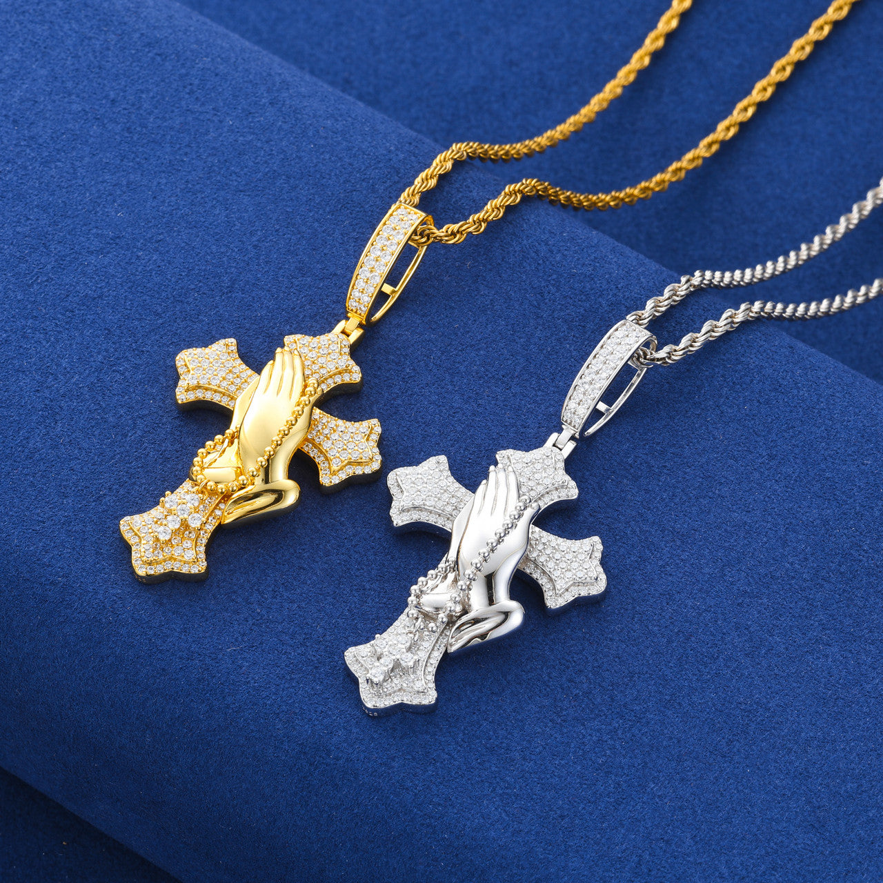 The Power Of Prayer | Solid 925 Silver Prayer Hands Cross Moissanite Diamond Hip Hop Pendant