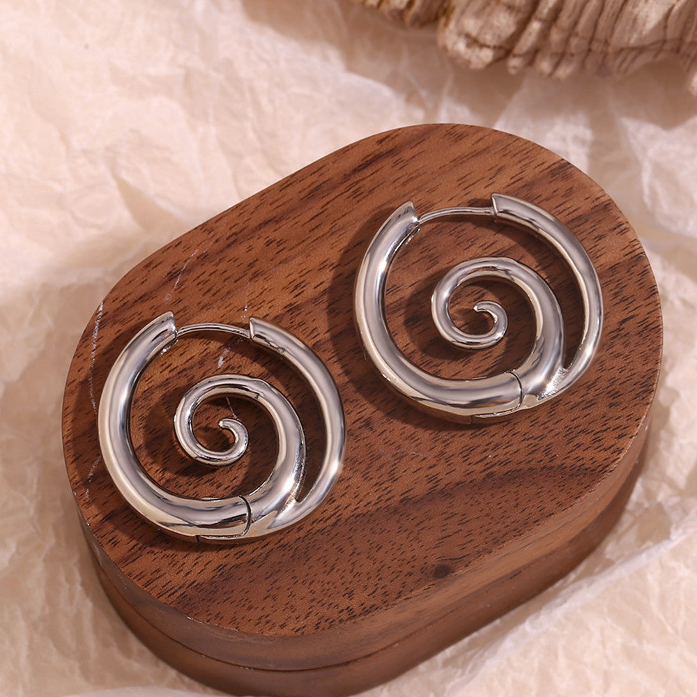 Ladies Spiral 18k Gold Stainless Steel Waterproof Tarnish Free Silver Color Earrings