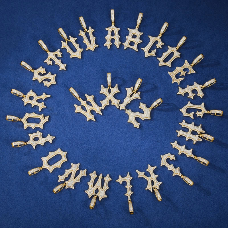 Ancient Text | Solid 925 Sterling Silver Moissanite Diamond Initial Letter Hip Hop Pendants