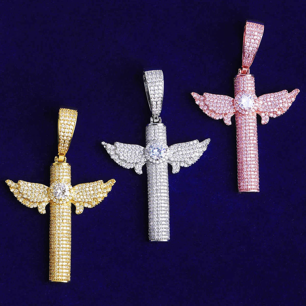 Angelic Cross | Iced Blinged Out 5A+ VVS Diamond Angel Wings Cross Center Stone Pendant