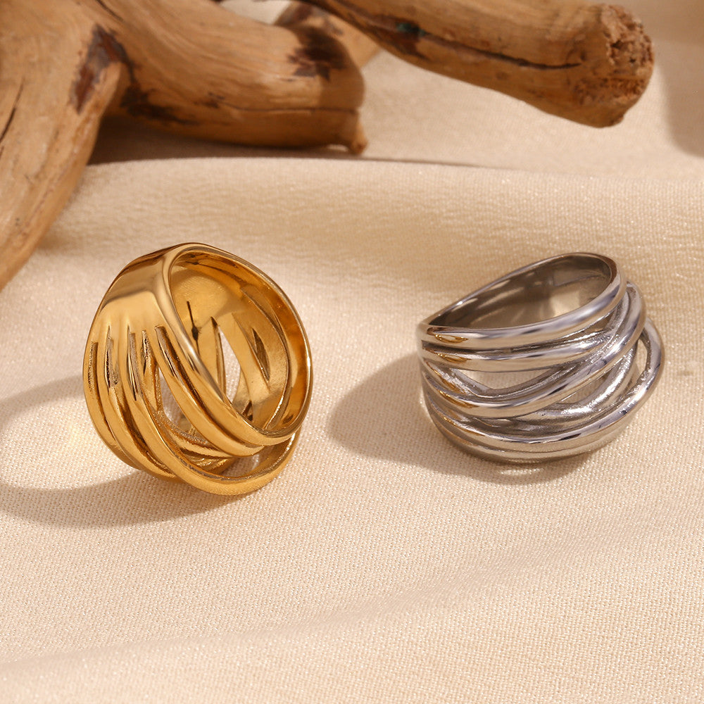 Ladies 18k Gold Silver No Fade Stainless Steel Irregular Woven Winding Waterproof Rings
