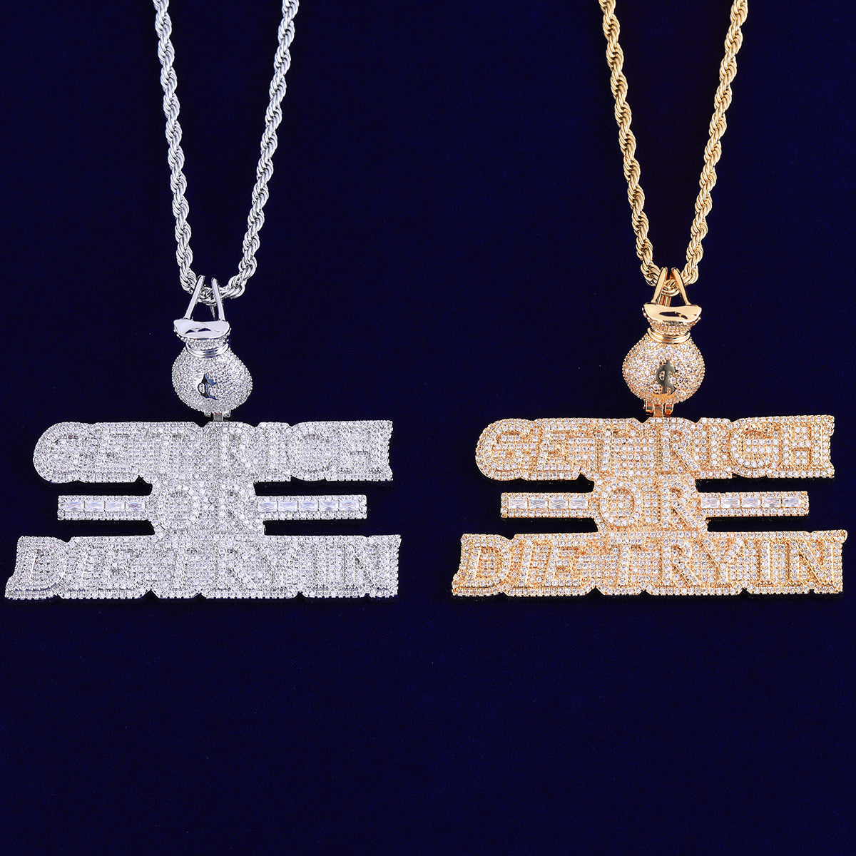 Get Rich or Die Tryin | VVS Diamond CZ Baguette Name Plate Hip Hop Pendant