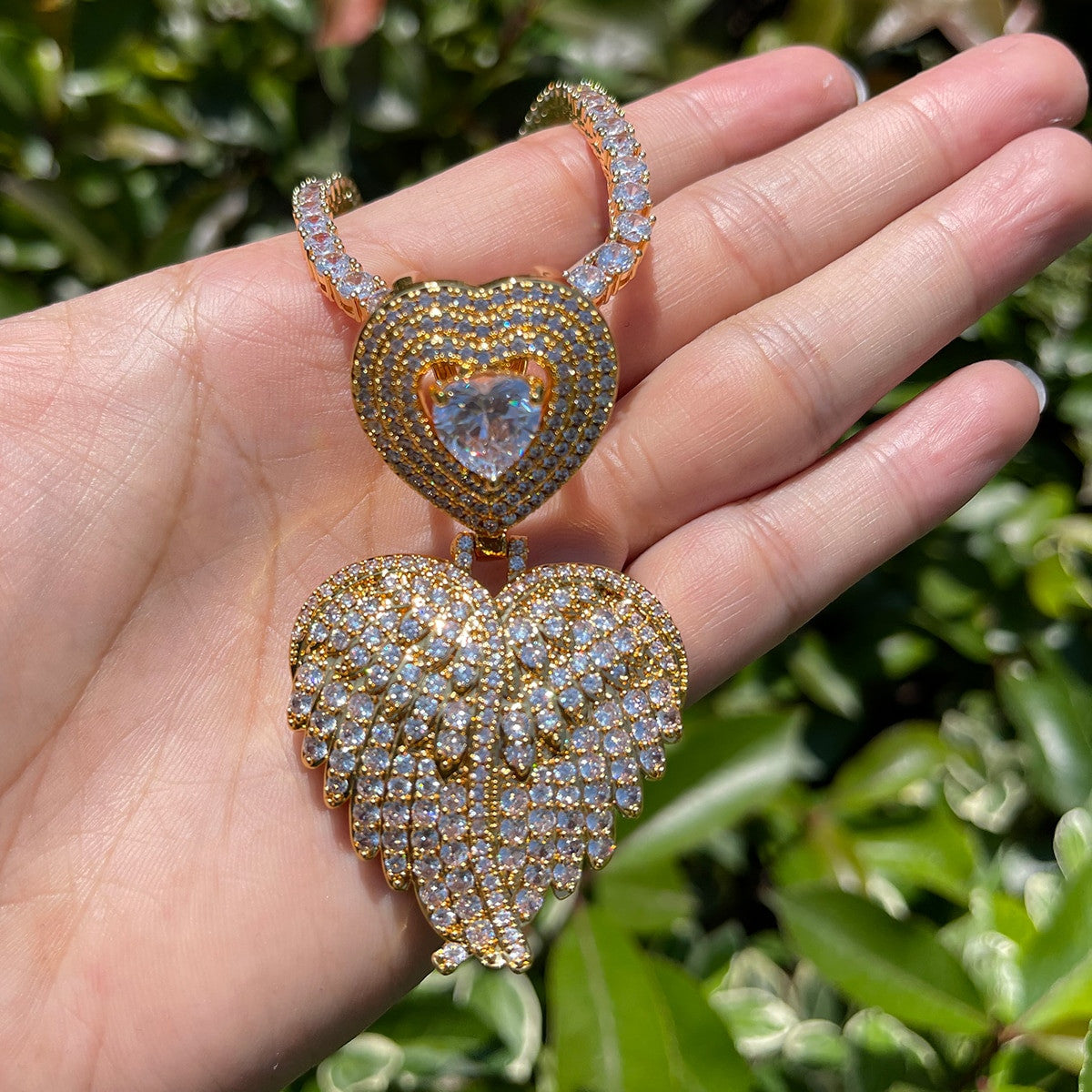 Ladies Center Stone Closed  Angel Wings Heart Shape Pendant Necklace